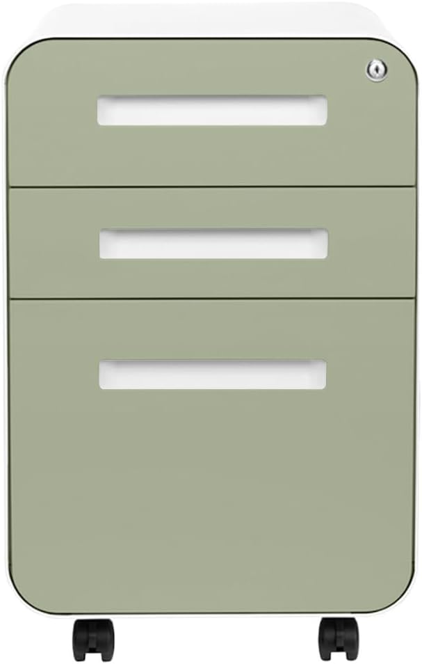 Laura Davidson Furniture Stockpile 3 Drawer File Cabinet with Lock - Under Office Desk Metal Filing Cabinet, Legal/Letter File Folders, Wheels and Stationary Feet, Pre-Assembled, Sage Green