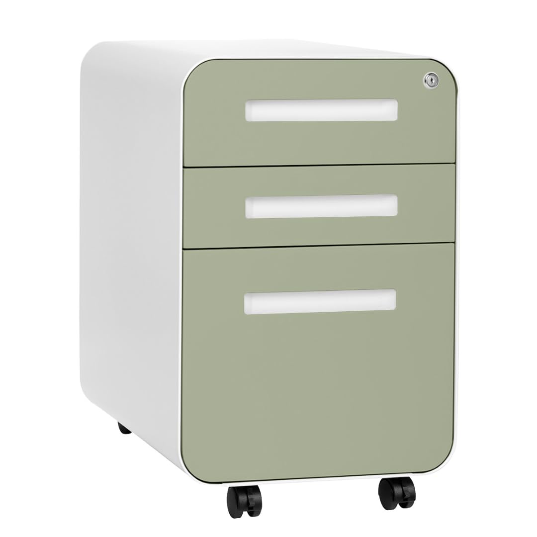 Laura Davidson Furniture Stockpile 3 Drawer File Cabinet with Lock - Under Office Desk Metal Filing Cabinet, Legal/Letter File Folders, Wheels and Stationary Feet, Pre-Assembled, Sage Green