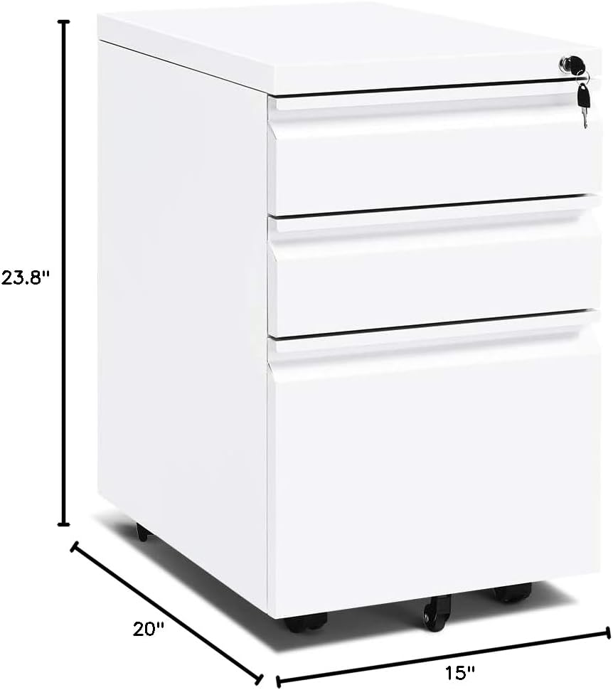 INTERGREAT 3 Drawer Filing Cabinet with Lock, White Mobile File Cabinet with Wheels, Rolling Small Metal Cabinets Under Desk for Home Office, Assembled