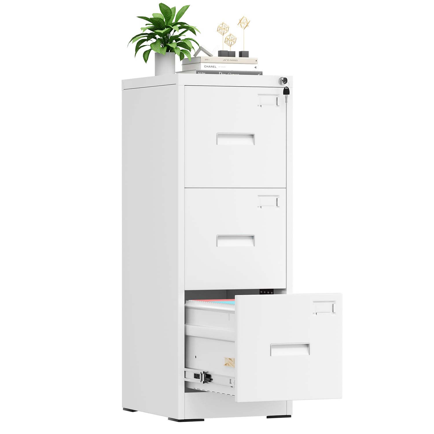 INTERGREAT 3 Drawer Filing Cabinet with Lock, White Mobile File Cabinet with Wheels, Rolling Small Metal Cabinets Under Desk for Home Office, Assembled