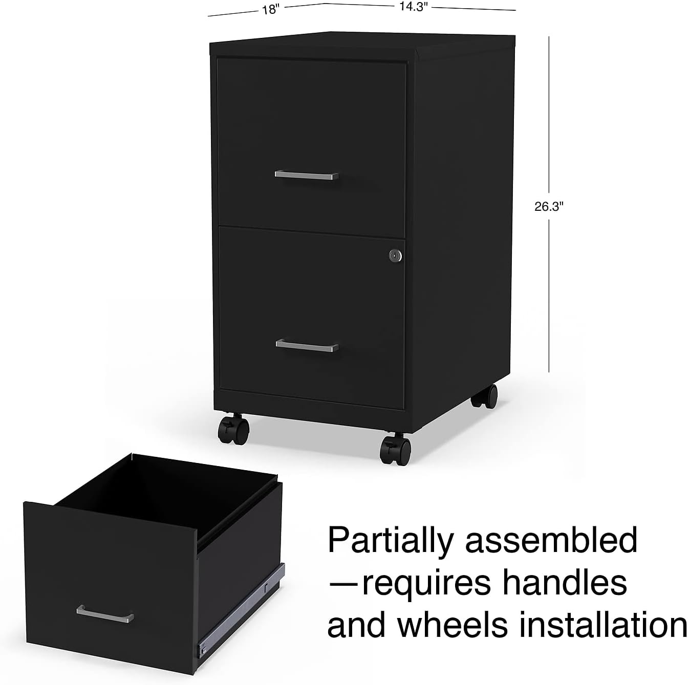 Staples 2-Drawer Vertical File Cabinet, Letter Size Documents, Lockable & Mobile, 18" D x 14" W x 26.3" H, Black