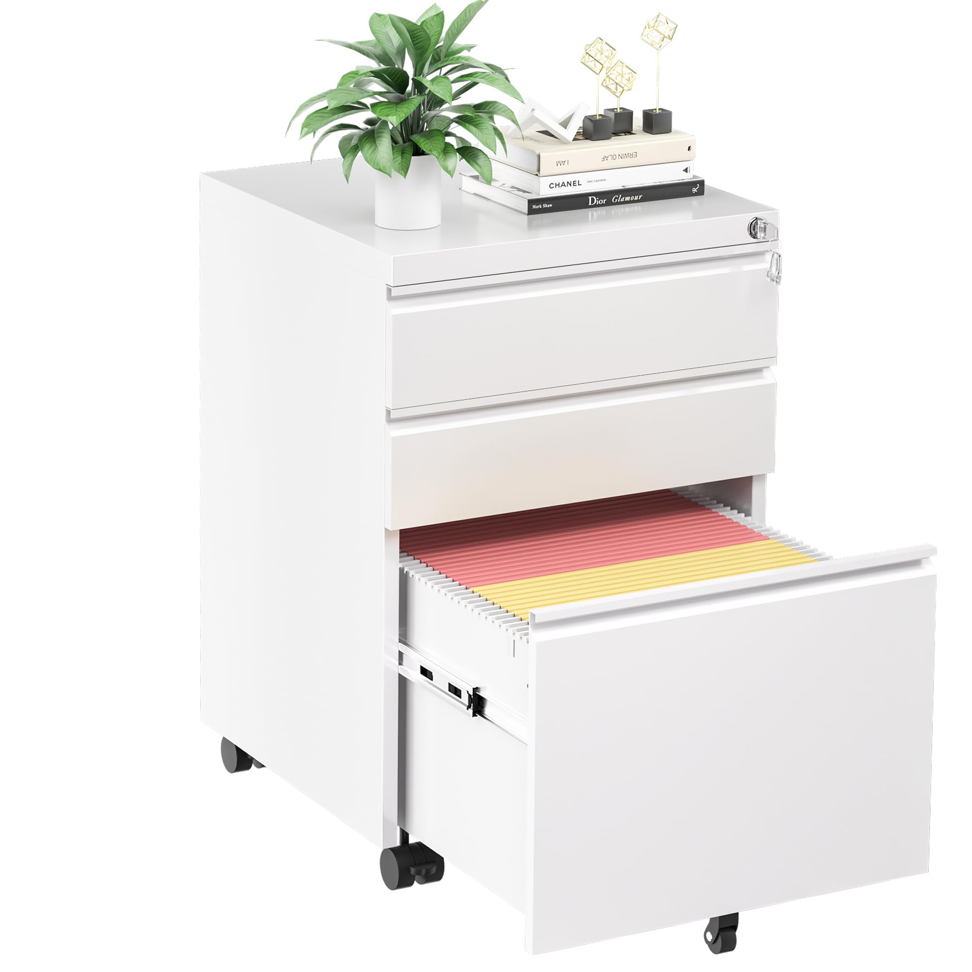 INTERGREAT 3 Drawer Filing Cabinet with Lock, White Mobile File Cabinet with Wheels, Rolling Small Metal Cabinets Under Desk for Home Office, Assembled