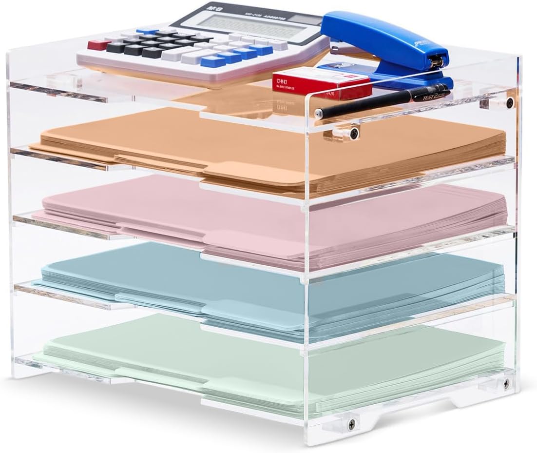 File Paper Organizer Letter Tray For Desk Office Supplies Folder Accessories Storage, Clear Acrylic, For Home School Desktop Organization