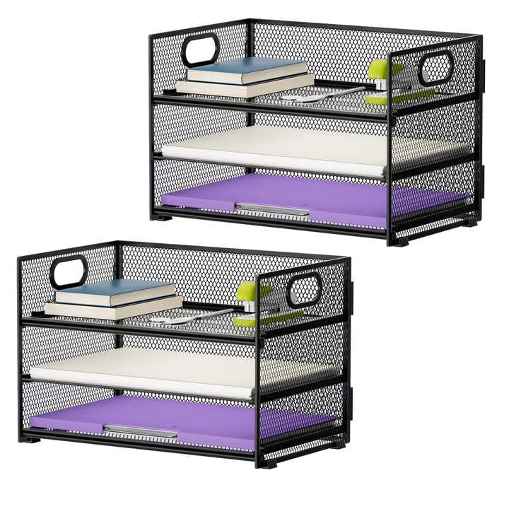 Marbrasse 3 Tier Paper Organizer Letter Tray, Mesh File Organizer with Handle, Paper Sorter Desk Organizer for Home Office Supplies(White)