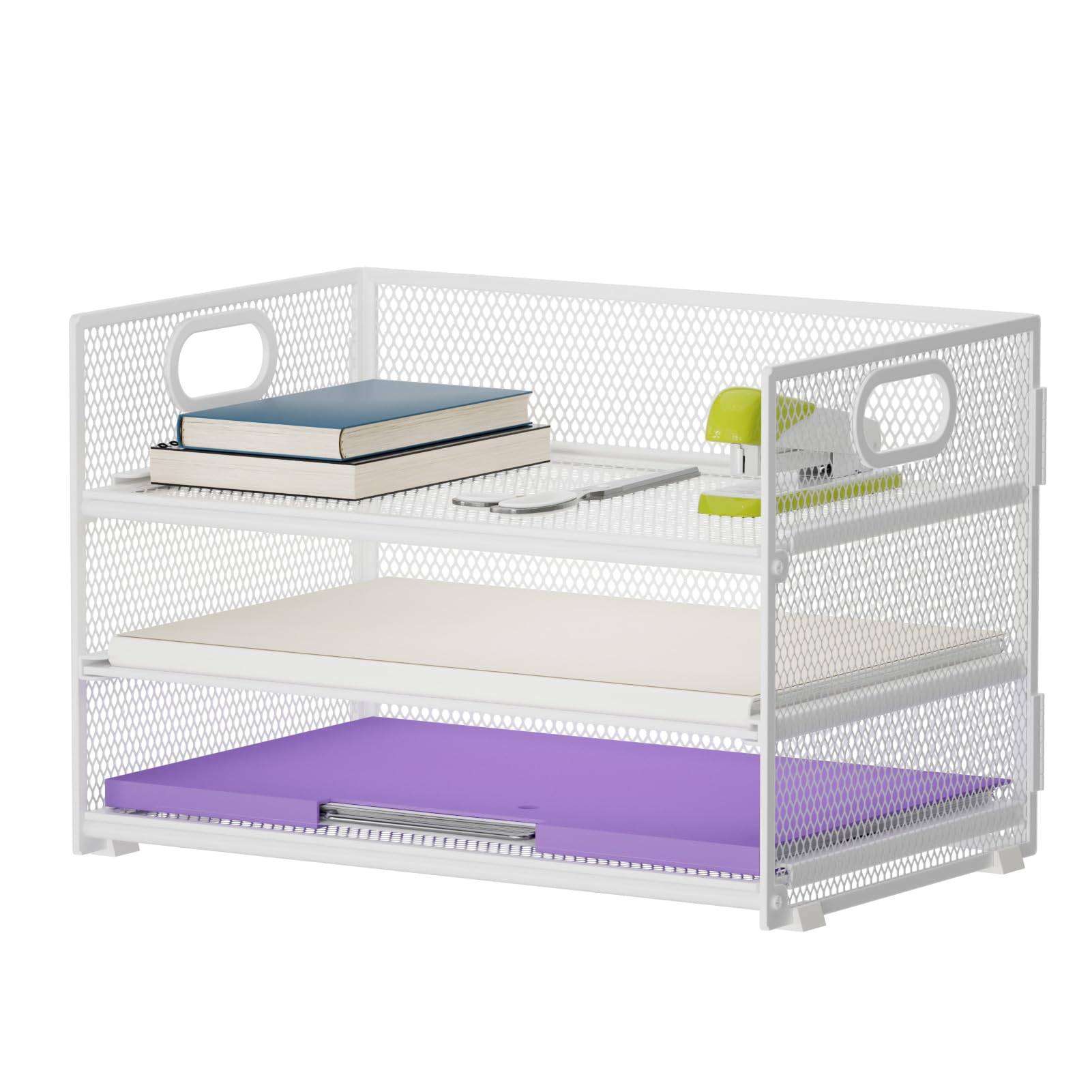 Marbrasse 3 Tier Paper Organizer Letter Tray, Mesh File Organizer with Handle, Paper Sorter Desk Organizer for Home Office Supplies(White)
