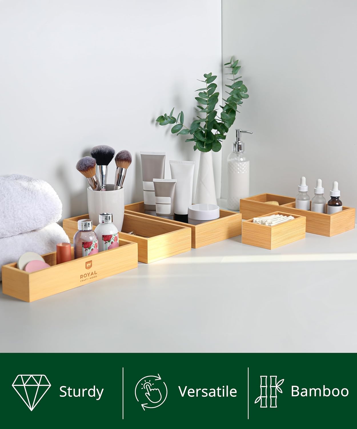 ROYAL CRAFT WOOD 5-Piece Bamboo Drawer Organizer Set – Multi-Use Storage Trays for Kitchen, Bathroom, Office, Makeup, Jewelry & More – Junk Drawer Tray, Utensil Holder, Storage Box & Bin Set (5 Boxes)