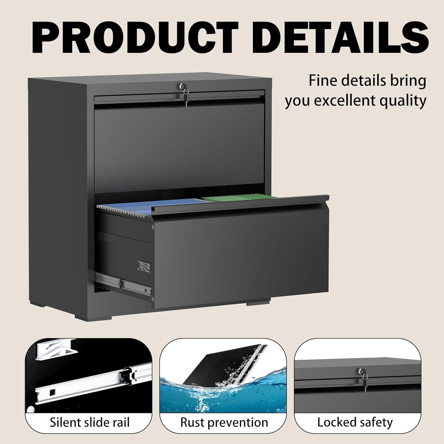 Lateral File Cabinet with Lock, 2 Drawer Filing Cabinet, Metal File Cabinets for Home Office, Steel Heavy-Duty Filing Storage Cabinet for Letters/Legal/A4 (Require Assembly, Black)