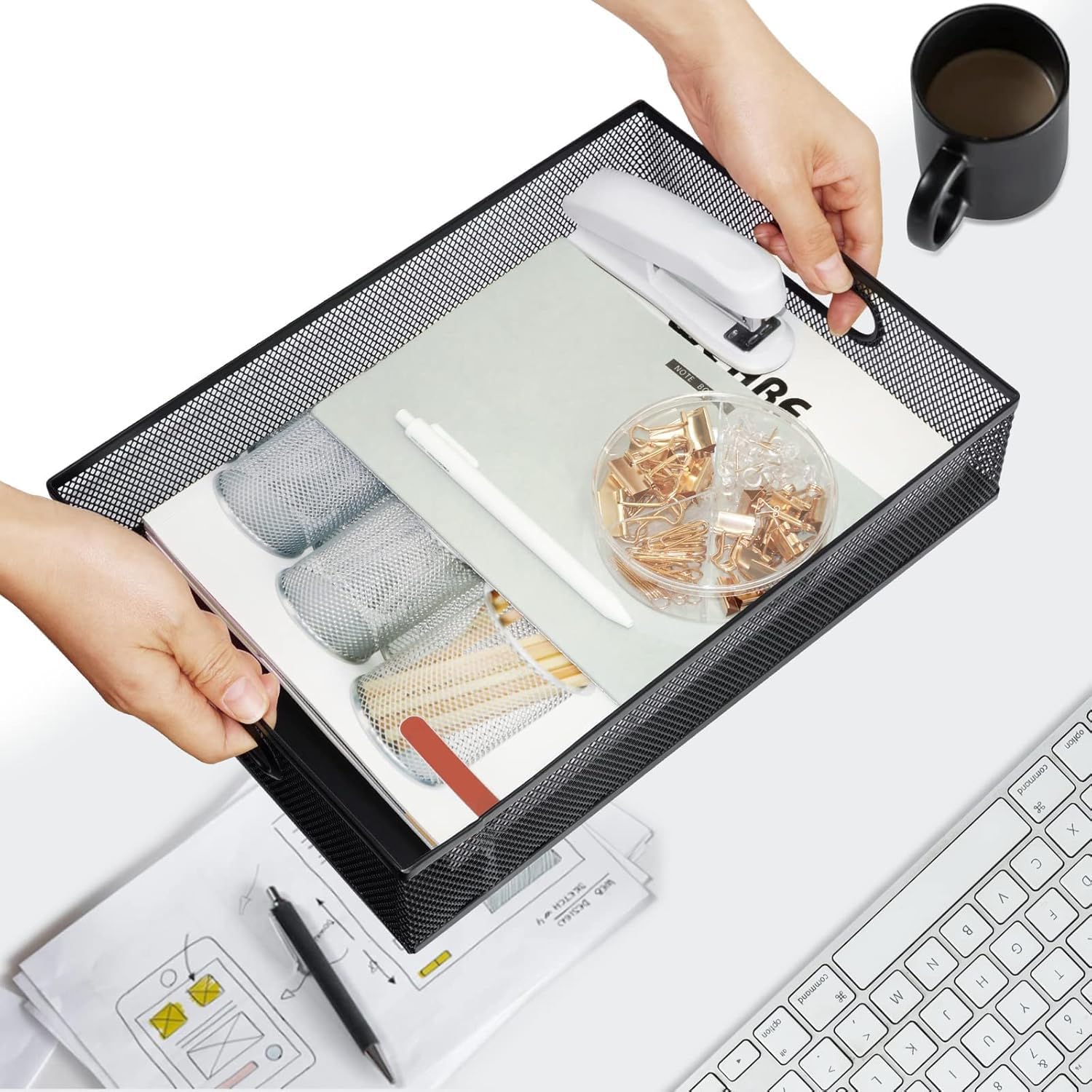 Neudeco Desk Drawer Organizer with 6 Adjustable Dividers, Metal Mesh Pen Organizer for Desk Drawer, Office Supplies Tray (Pack of 4, Black)