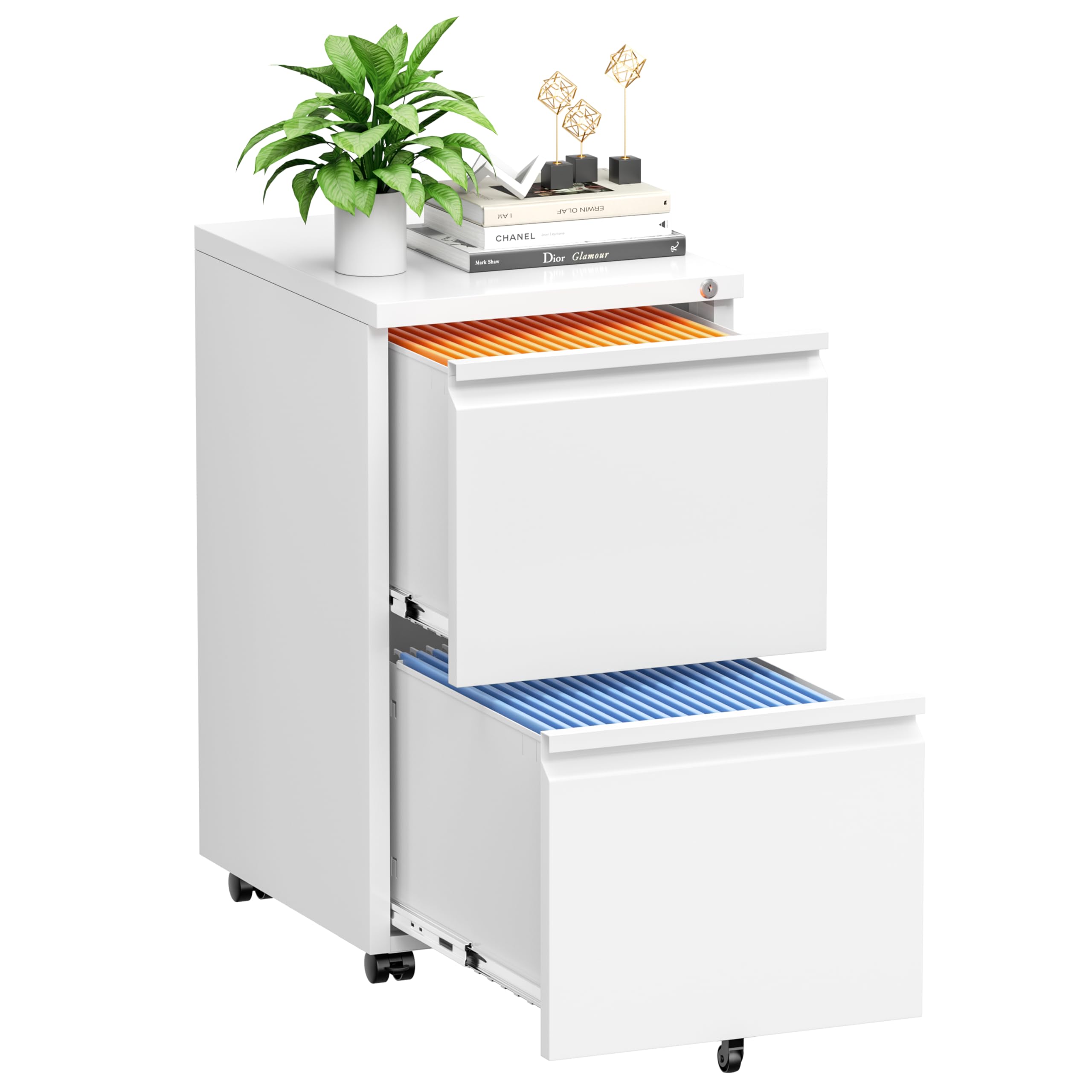 INTERGREAT 3 Drawer Filing Cabinet with Lock, White Mobile File Cabinet with Wheels, Rolling Small Metal Cabinets Under Desk for Home Office, Assembled