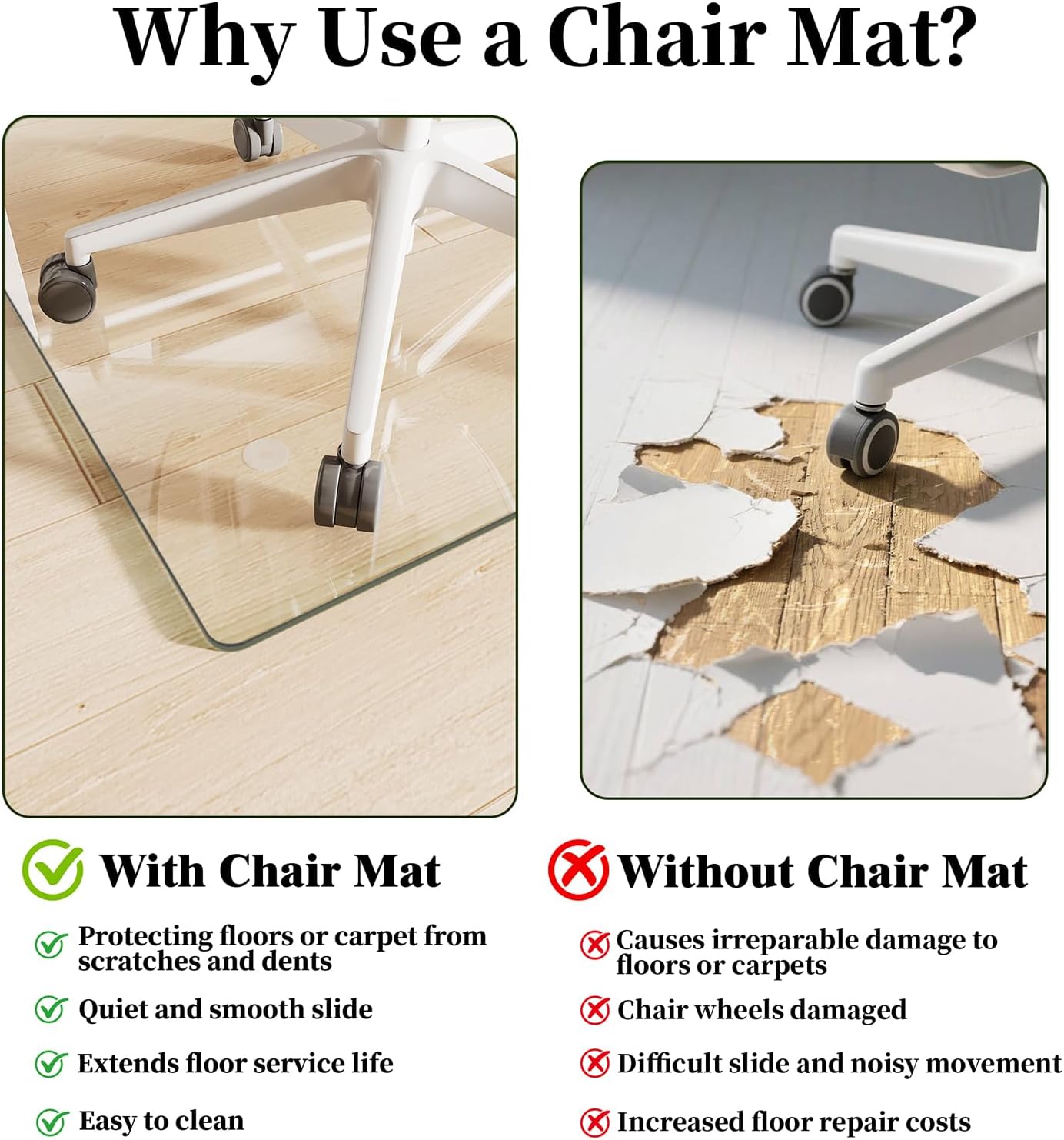 Glass Chair Mat 30" x 50" Heavy Duty Tempered Glass Office Chair Mat, Glass Floor Mat with Round Corner and Polished Edge for Smooth Glide, Carpet Hardwood Floor Protector