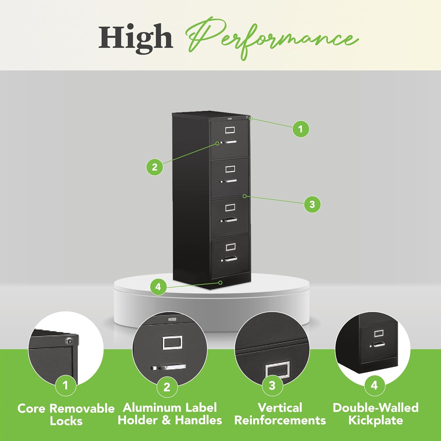 HON 4 Drawer Vertical File Cabinet with Lock, Metal Filing Cabinets with 4-Drawers for Hanging Files and Letter Files, 25" Deep, Black