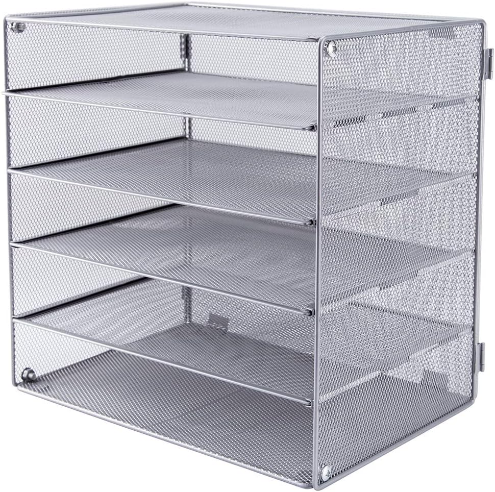 EASEPRES 5 Slot Mesh Desk Organizer Tray, File Paper Letter Folder Holder Desktop Paper Sorter Mail Organization Rack Storage Accessories, for Office Home School Classroom, Silver