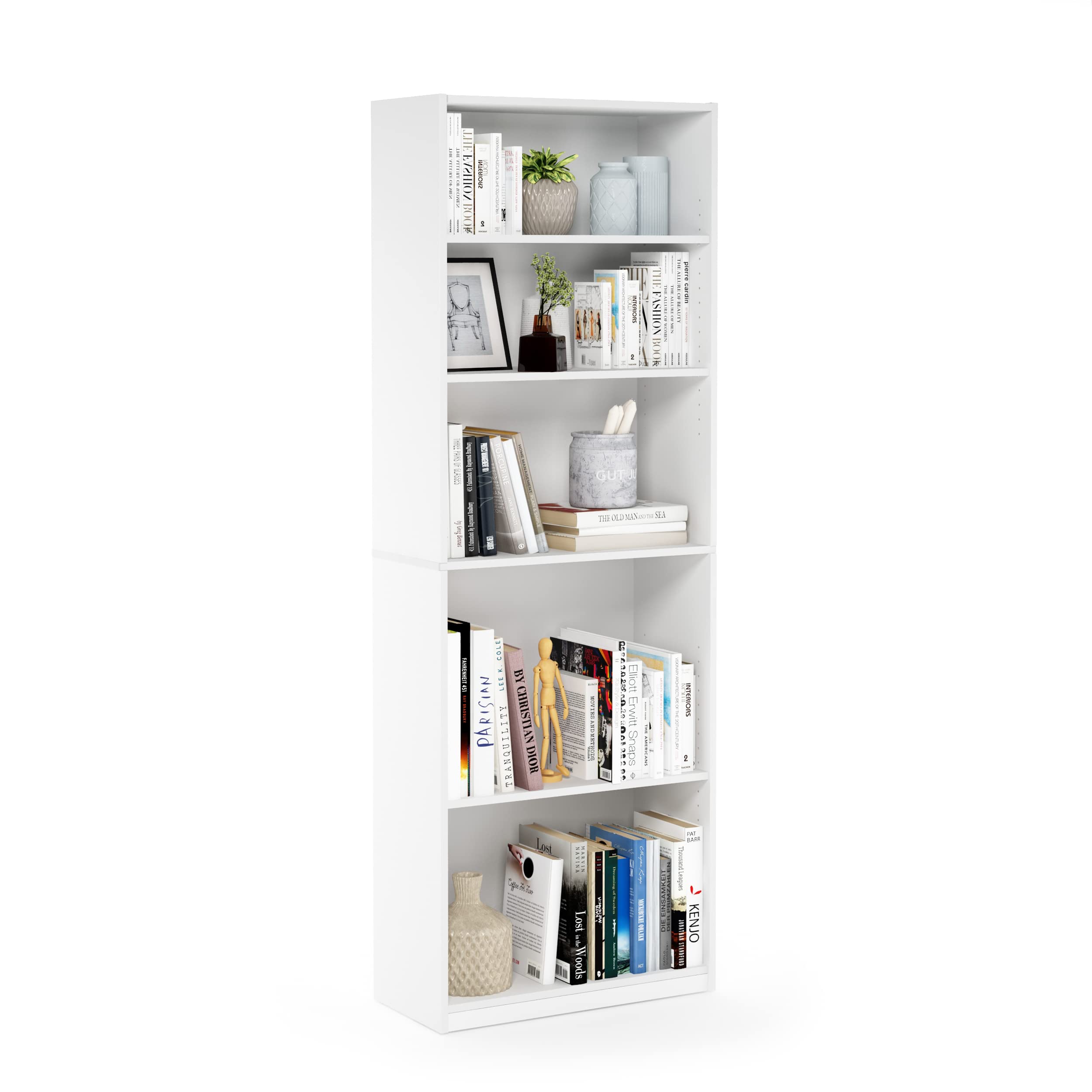 Furinno Jaya Book Shelf, 5-Tier Bookshelf, Bookcase with Adjustable Shelves, 9.5 x 24.5 x 71.2, for Organization and Storage, for Living Room, Bedroom, Home Office, Blackwood