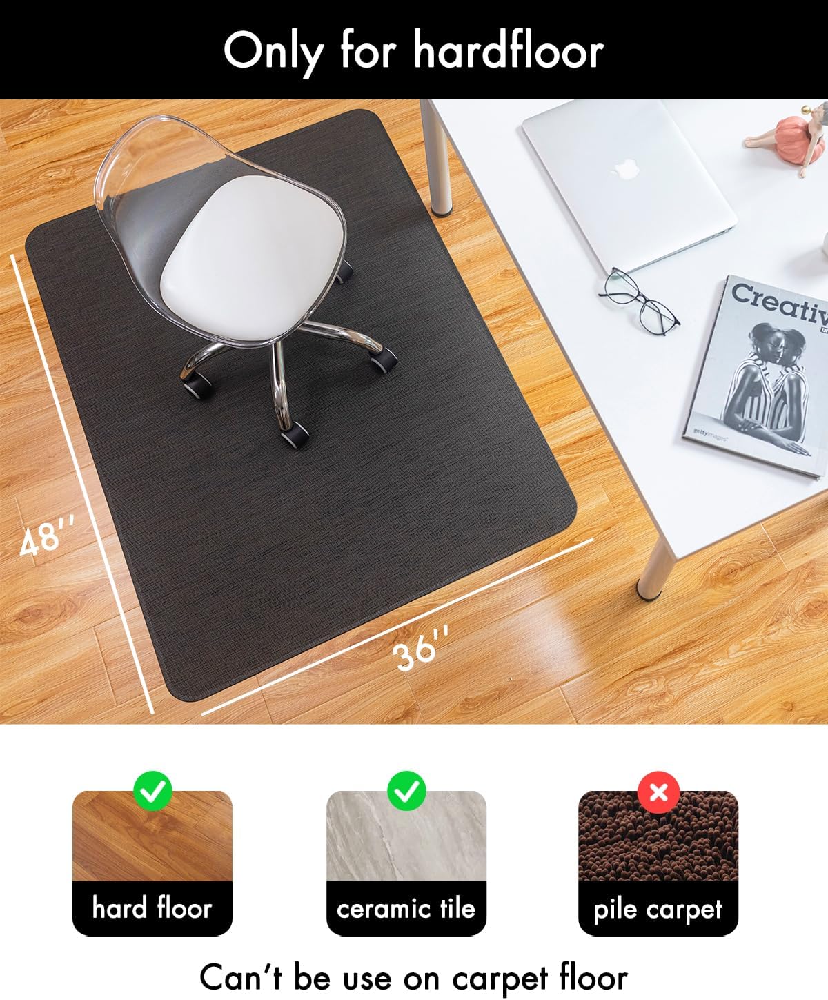 Office Chair Mat for Hardwood Floor Under Desk Computer Rolling Chair Mat for Wood/Tile Floor Non-Slip Heavy Duty Desk Rug PVC Plastic Hard Floor Protector 36" x 48" (Espresso)