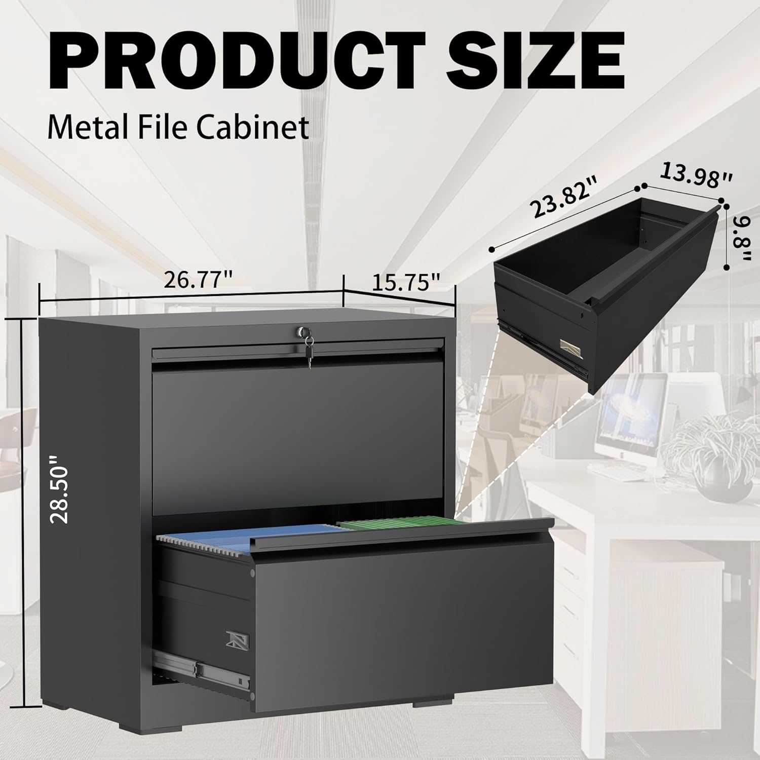 Lateral File Cabinet with Lock, 2 Drawer Filing Cabinet, Metal File Cabinets for Home Office, Steel Heavy-Duty Filing Storage Cabinet for Letters/Legal/A4 (Require Assembly, Black)