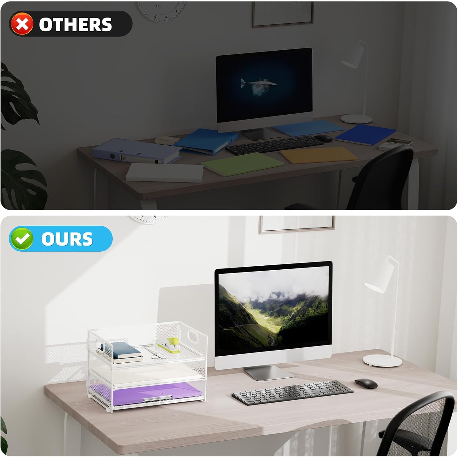 Marbrasse 3 Tier Paper Organizer Letter Tray, Mesh File Organizer with Handle, Paper Sorter Desk Organizer for Home Office Supplies(White)