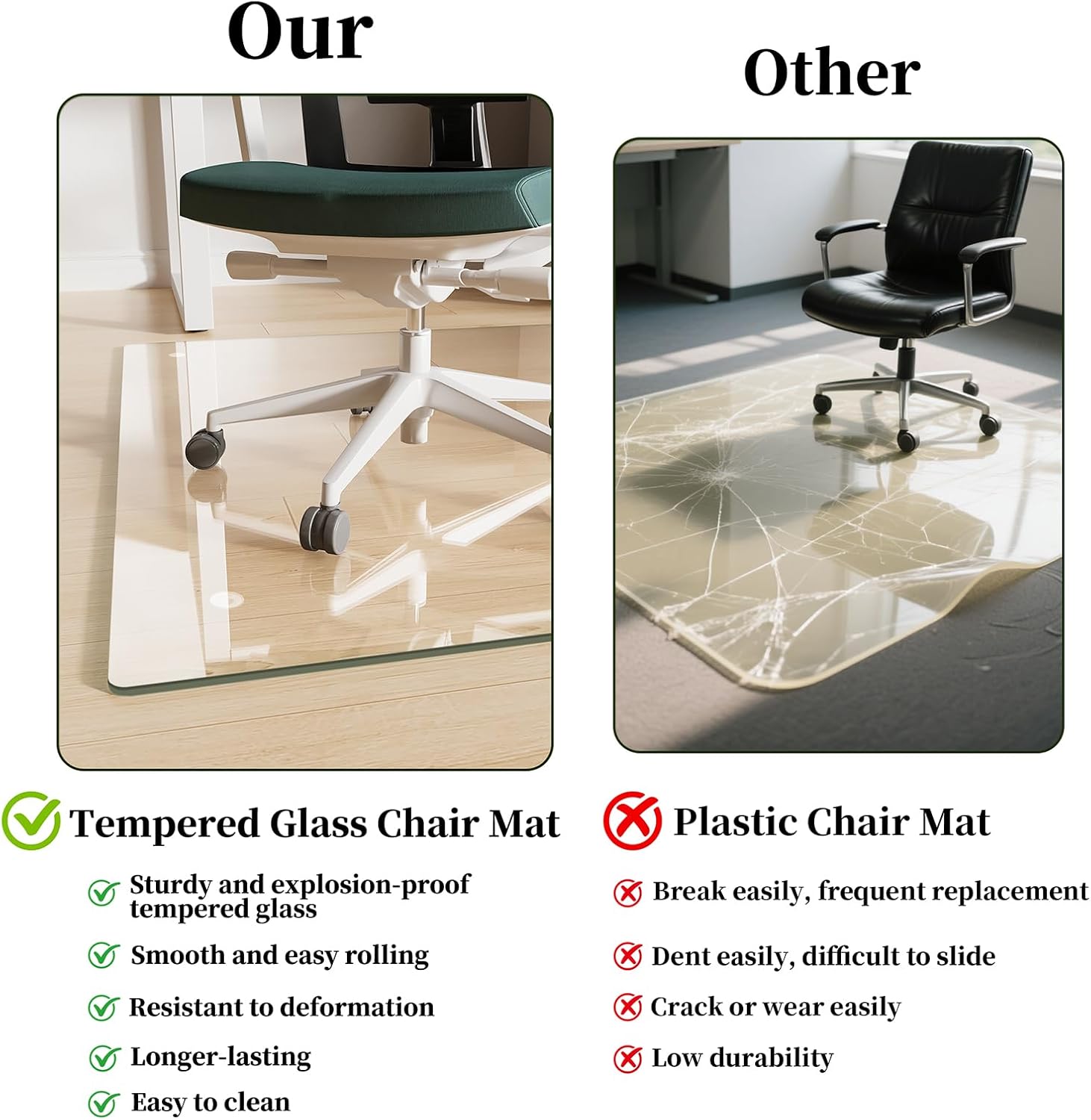 Glass Chair Mat 30" x 50" Heavy Duty Tempered Glass Office Chair Mat, Glass Floor Mat with Round Corner and Polished Edge for Smooth Glide, Carpet Hardwood Floor Protector