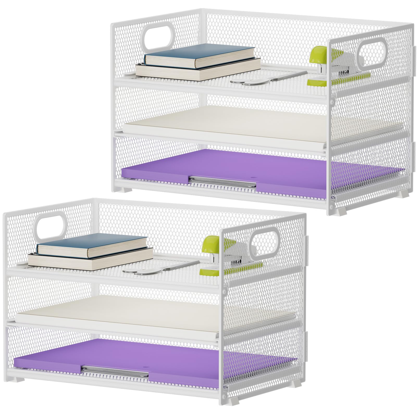 Marbrasse 3 Tier Paper Organizer Letter Tray, Mesh File Organizer with Handle, Paper Sorter Desk Organizer for Home Office Supplies(White)
