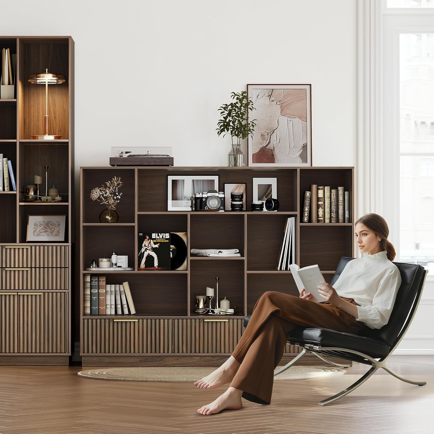 Bookshelf and Bookcase with 3 Drawers, 4-Tier Fluted Wide Bookshelf with Storage, Floor Standing Display Storage Shelves, Wooden Book Shelf for Home Office, Living Room, Black Walnut