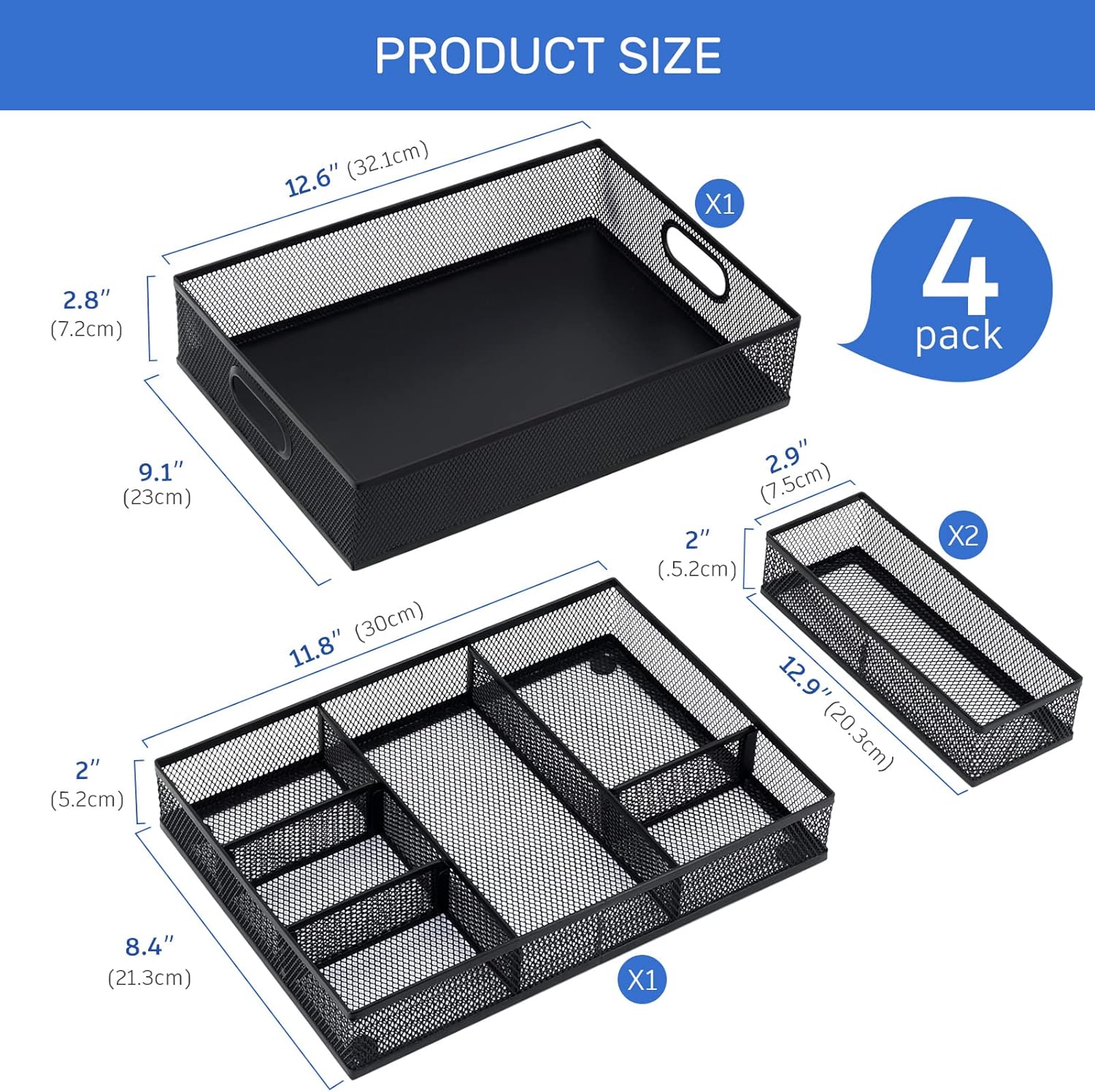 Neudeco Desk Drawer Organizer with 6 Adjustable Dividers, Metal Mesh Pen Organizer for Desk Drawer, Office Supplies Tray (Pack of 4, Black)