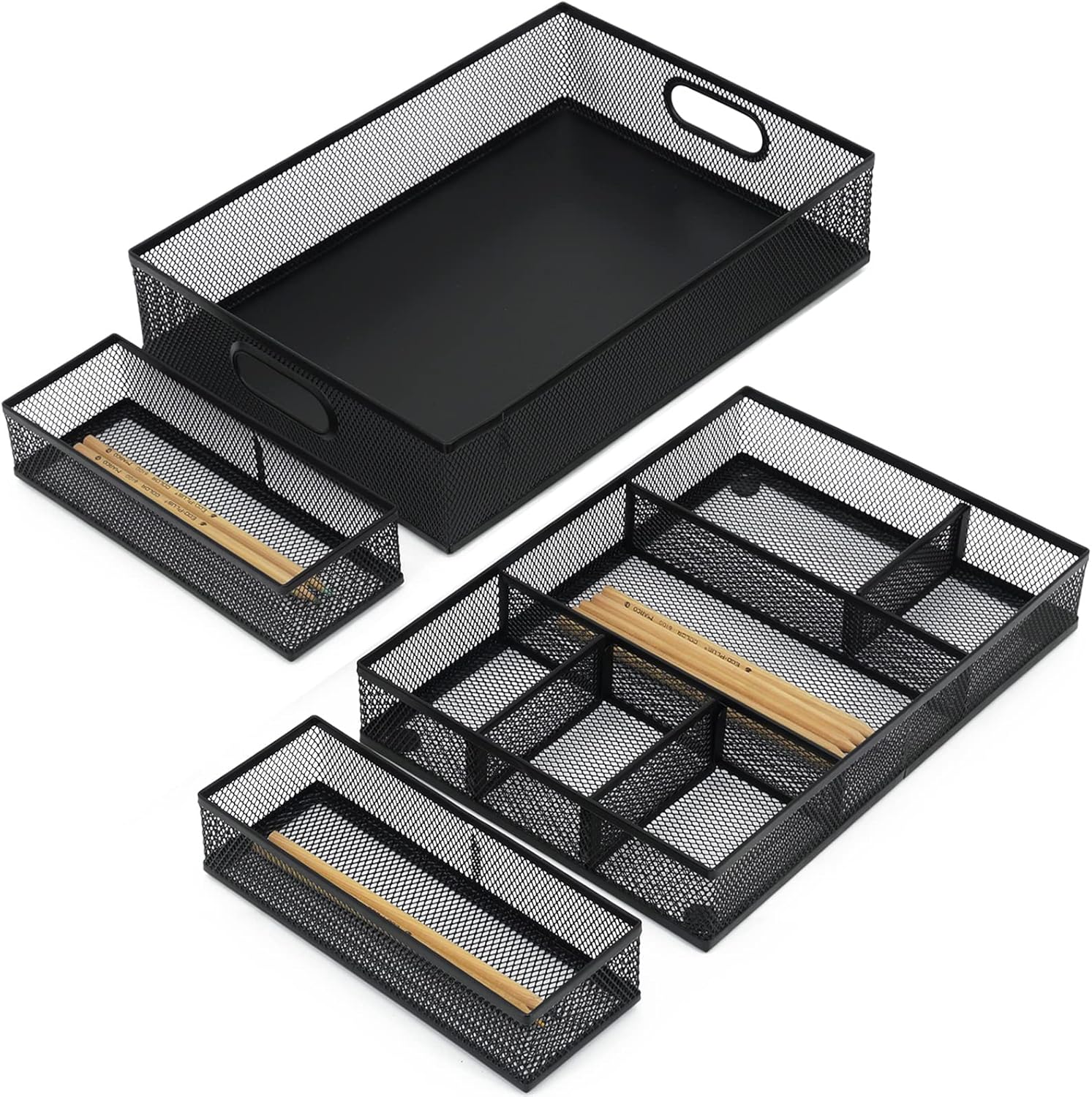 Neudeco Desk Drawer Organizer with 6 Adjustable Dividers, Metal Mesh Pen Organizer for Desk Drawer, Office Supplies Tray (Pack of 4, Black)