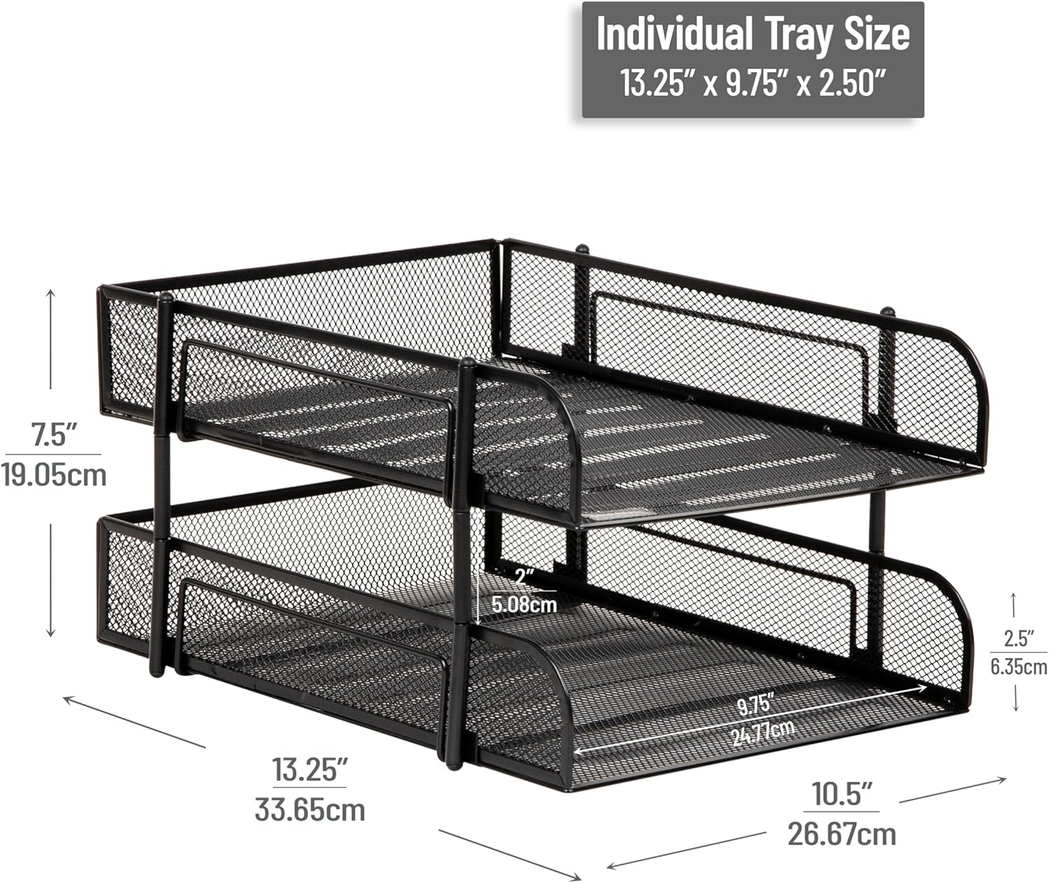 Mind Reader Paper Tray, Desk Organizer, Stackable, Storage, Office, Metal Mesh, 10.5" L x 13.25" W x 7.5" H, Set of 2, Black