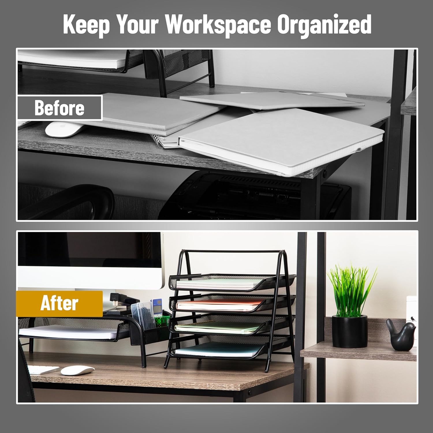 Mind Reader 4-Tier Paper Tray, Desktop Organizer, File Storage, Workspace, Office, Metal Mesh, 12"L x 13.75"W x 12.5"H, Black