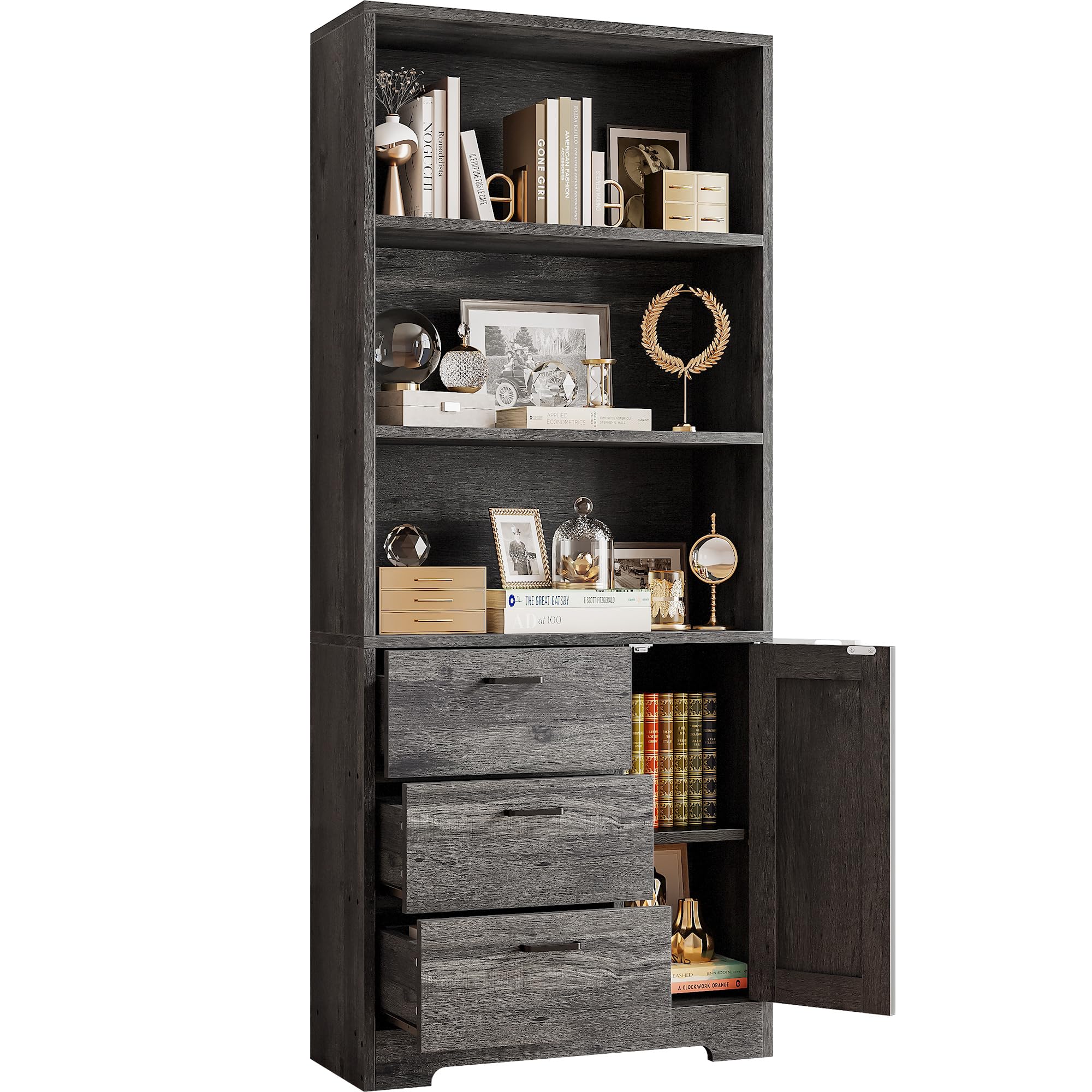 IRONCK Bookshelf with Door and 3 Drawers, 71in Tall Bookcase Shelf with 3-Tier Shelves, for Bedroom Living Room Entrance Hallway Home Office