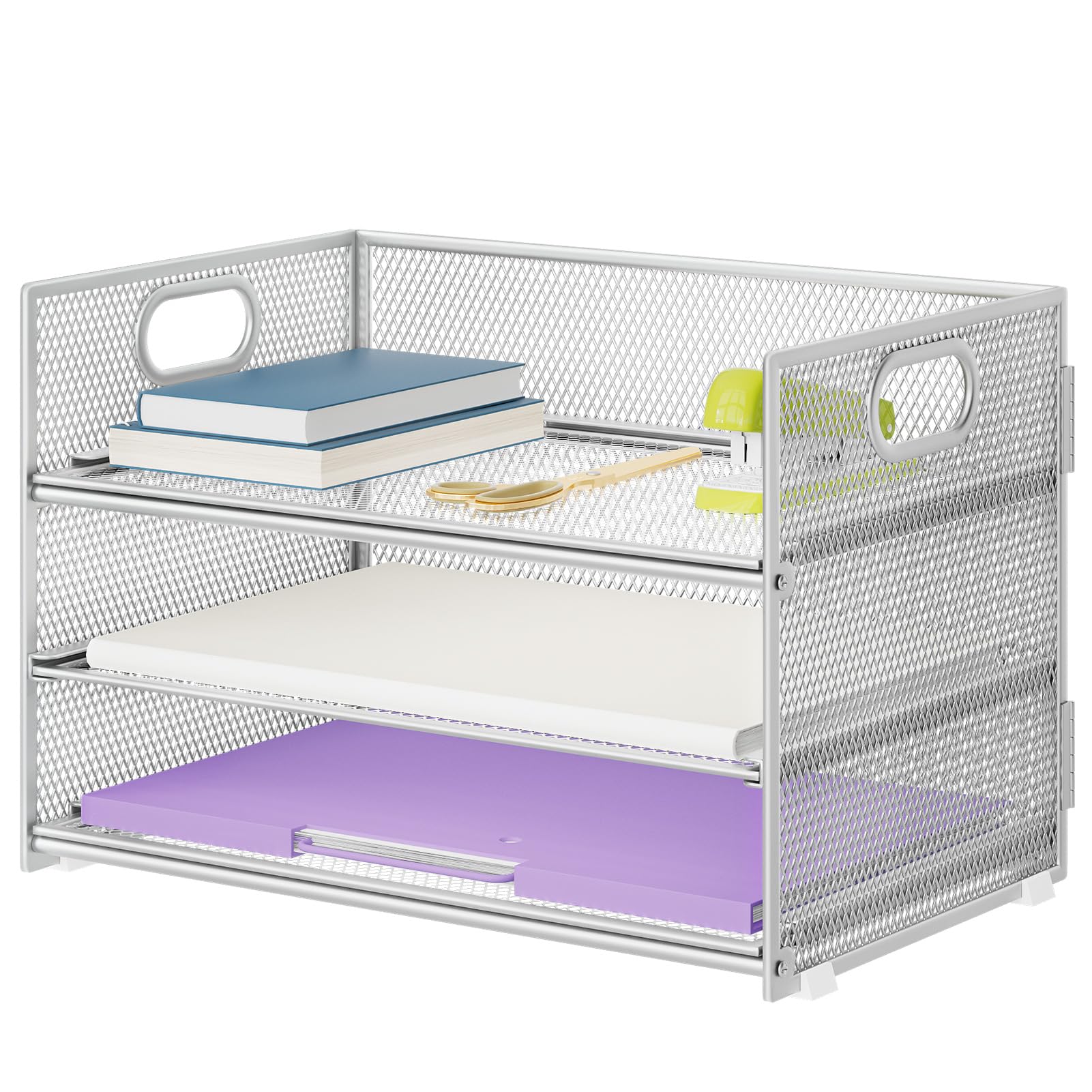 Marbrasse 3 Tier Paper Organizer Letter Tray, Mesh File Organizer with Handle, Paper Sorter Desk Organizer for Home Office Supplies(White)
