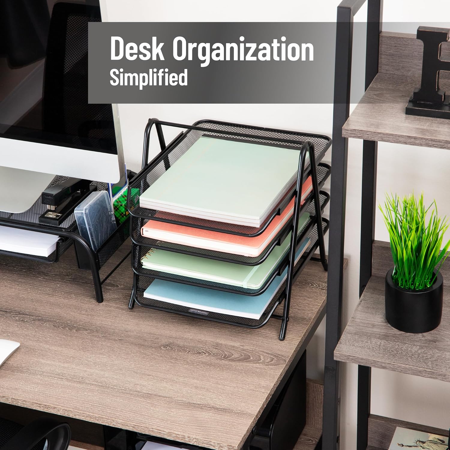 Mind Reader 4-Tier Paper Tray, Desktop Organizer, File Storage, Workspace, Office, Metal Mesh, 12"L x 13.75"W x 12.5"H, Black