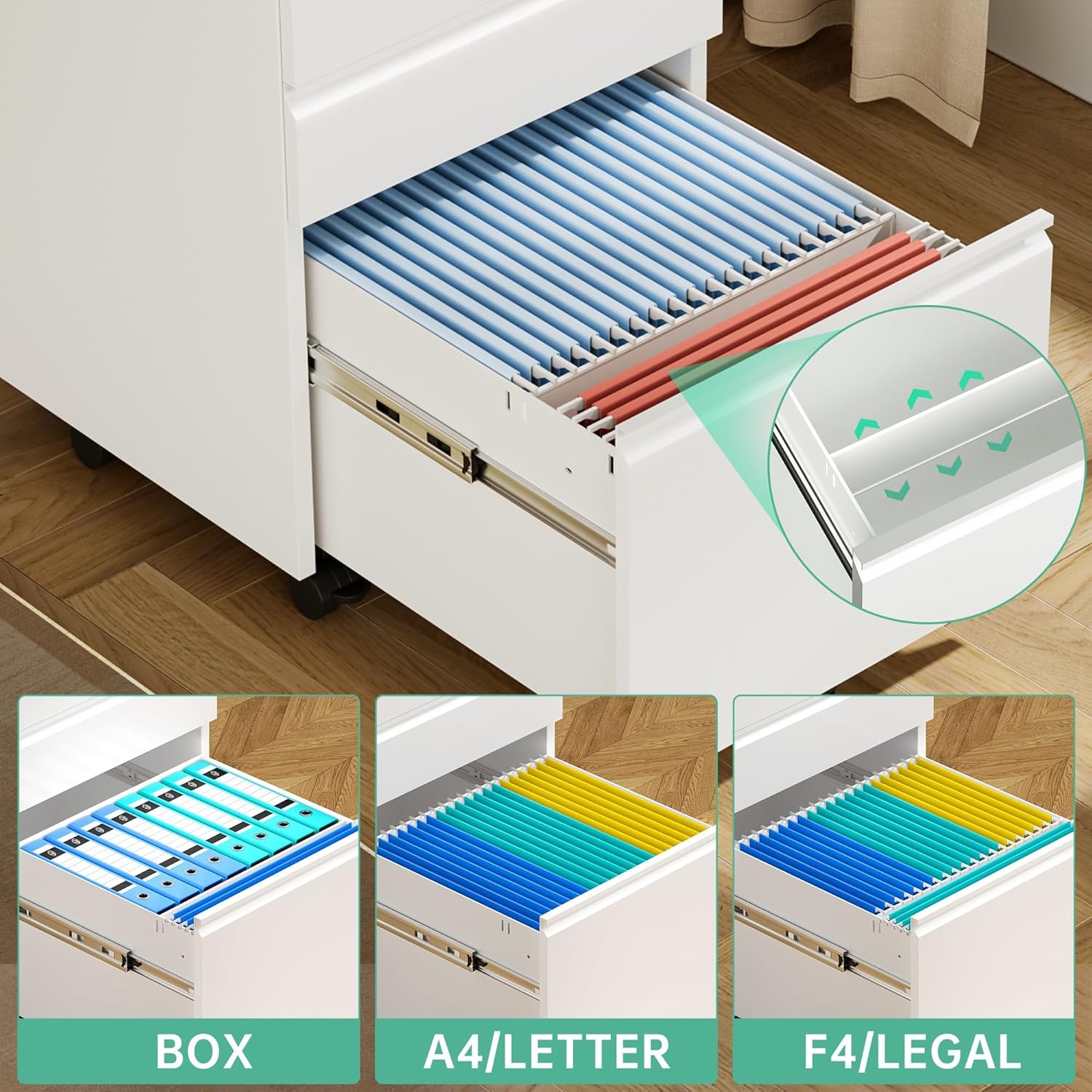 Bonusall 3 Drawer White File Cabinet, Fully Assembled Metal Rolling Filing Cabinet with Lock, Under Desk Drawer Filing Cabinets for Home Office Fit A4/Letter/Legal