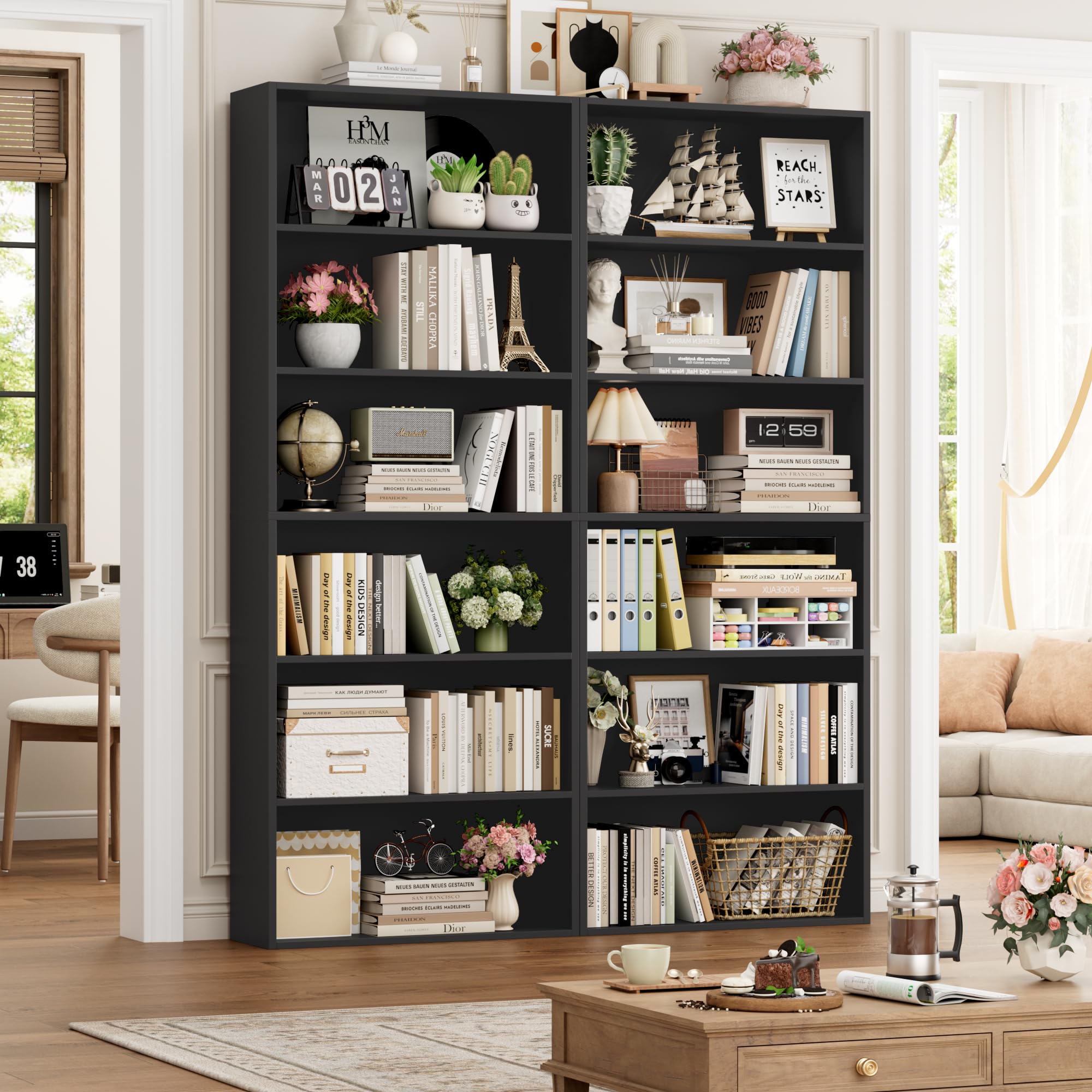FOTOSOK 6-Tier Open Bookcase and Bookshelf, Freestanding Display Storage Shelves Tall Bookcase for Bedroom, Living Room and Office, Black
