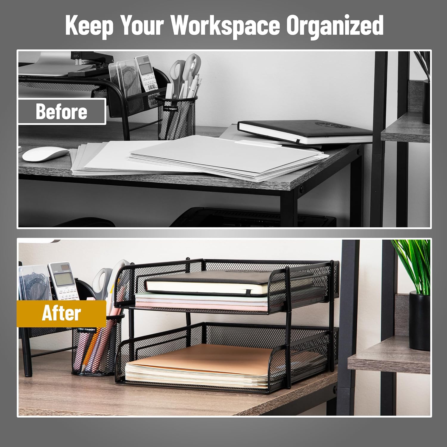 Mind Reader Paper Tray, Desk Organizer, Stackable, Storage, Office, Metal Mesh, 10.5" L x 13.25" W x 7.5" H, Set of 2, Black