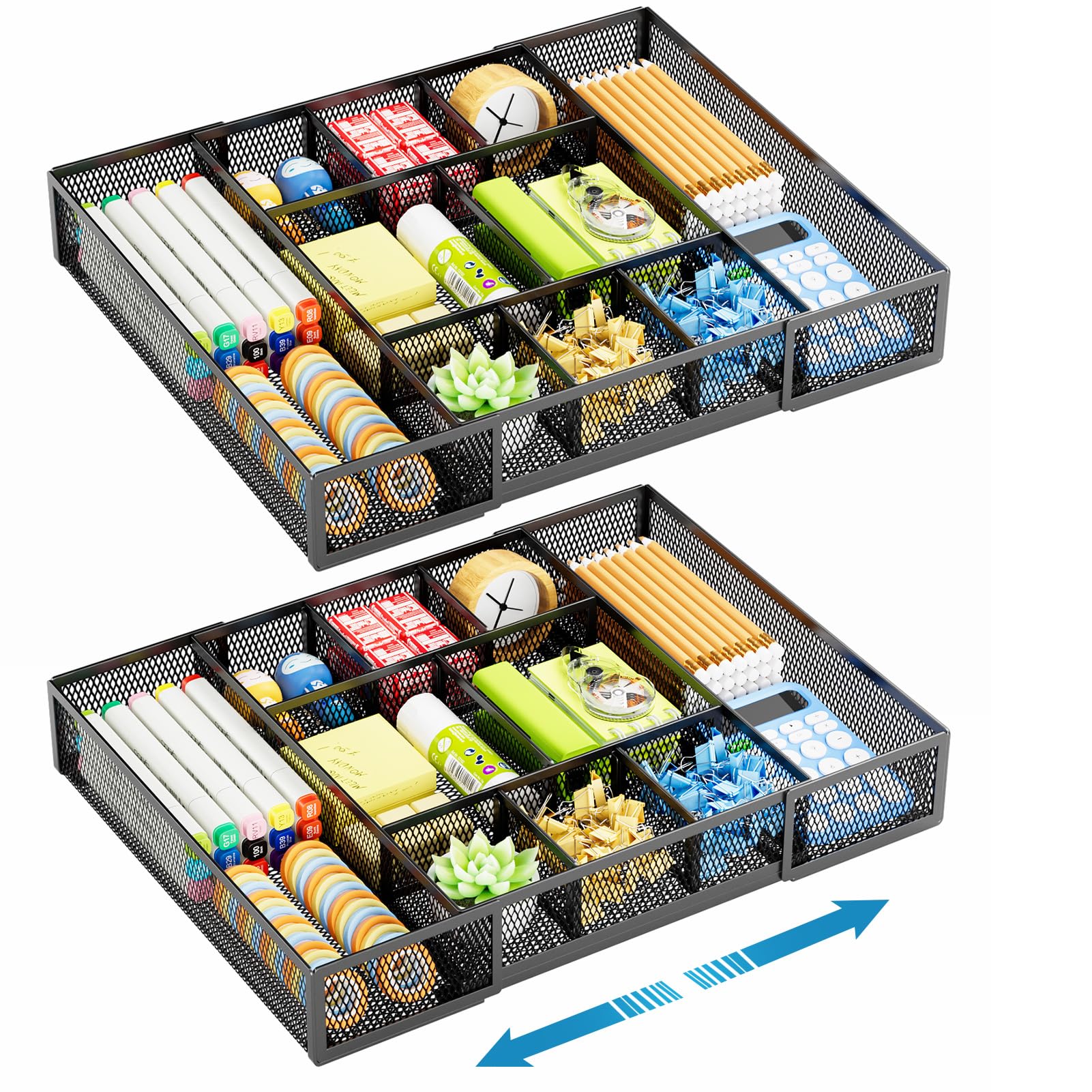 Marbrasse Expandable Desk Drawer Organizer, Mesh Drawer Organizer Tray with 10 Adjustable Compartments, Desk Organizers and Accessories, 5 Dividers Drawer for Office Supplies, Makeup & Vanity (Black)