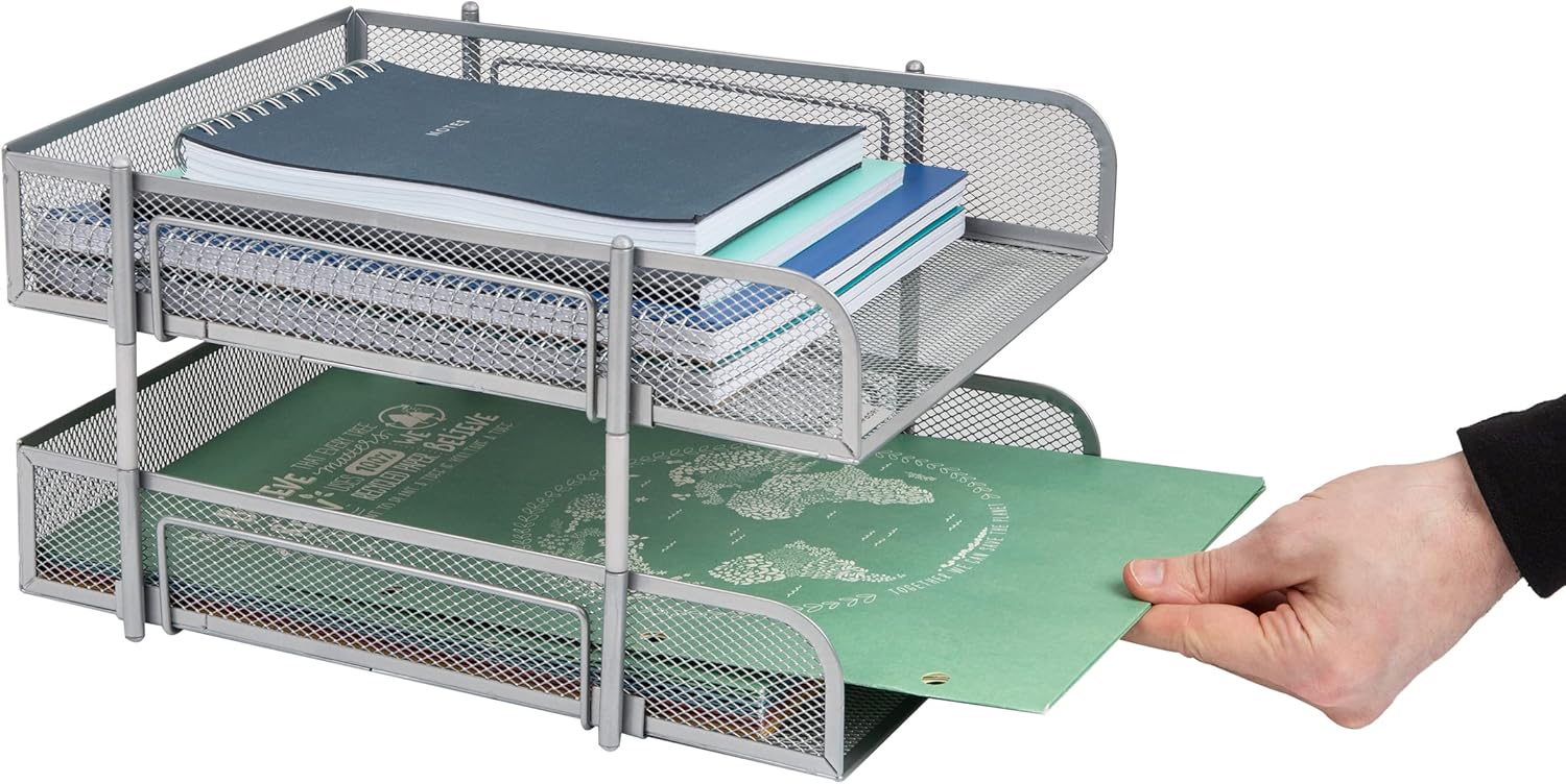Mind Reader Stackable Paper Tray, Desktop Organizer, File Storage, Office, Metal Mesh, 2 Pc, Silver