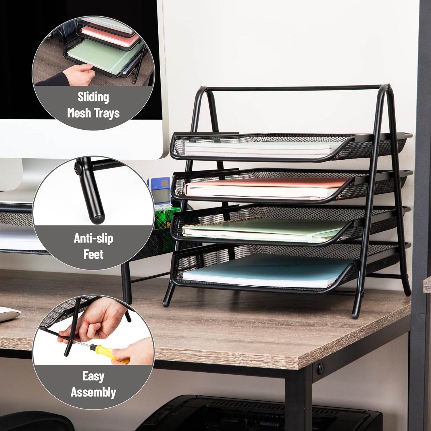 Mind Reader 4-Tier Paper Tray, Desktop Organizer, File Storage, Workspace, Office, Metal Mesh, 12"L x 13.75"W x 12.5"H, Black