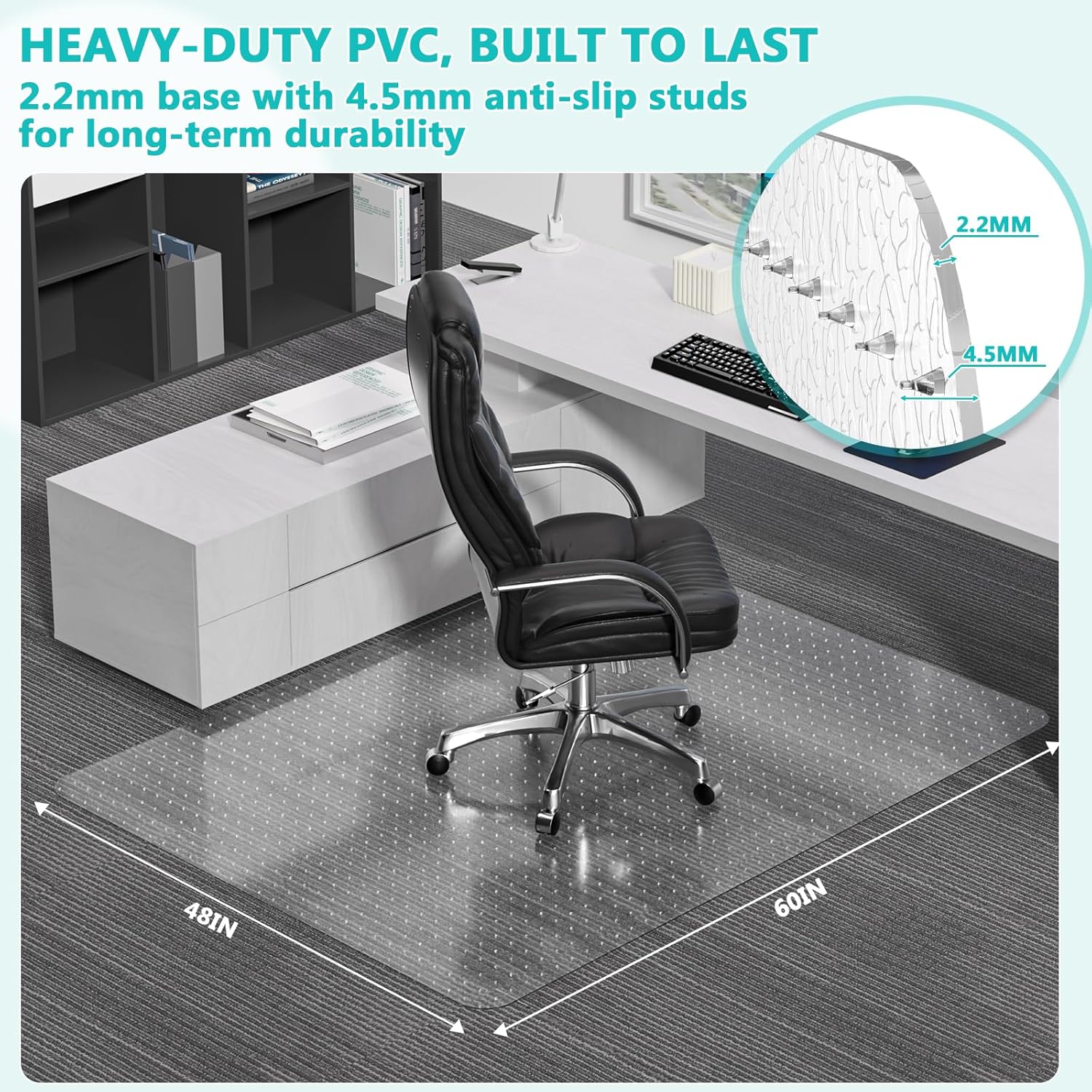 Office Chair Mat for Low Pile Carpet with Lip, 48" x 60" Clear Heavy Duty Plastic Floor Protector for Smooth Rolling Desk & Computer Chairs, Under Desk Chair Mat for Home Office