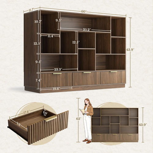 Bookshelf and Bookcase with 3 Drawers, 4-Tier Fluted Wide Bookshelf with Storage, Floor Standing Display Storage Shelves, Wooden Book Shelf for Home Office, Living Room, Black Walnut