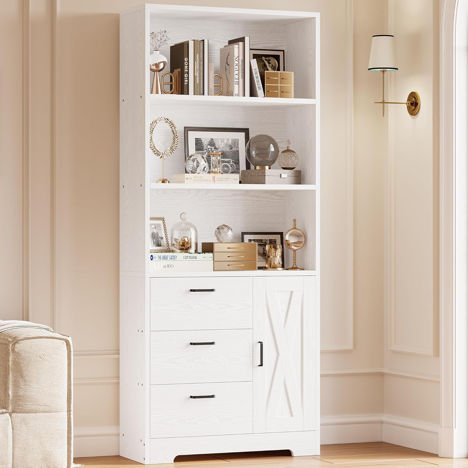 IRONCK Bookshelf with Door and 3 Drawers, 71in Tall Bookcase Shelf with 3-Tier Shelves, for Bedroom Living Room Entrance Hallway Home Office