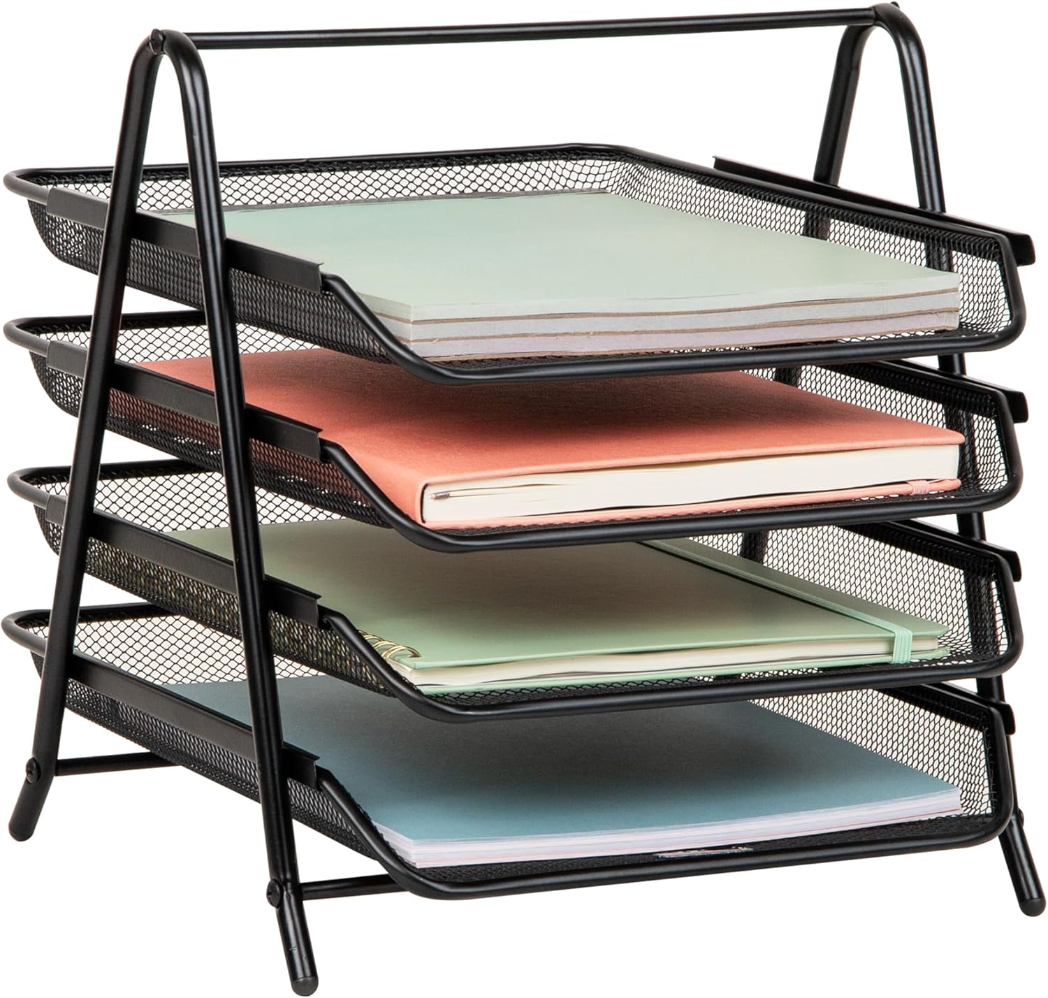 Mind Reader 4-Tier Paper Tray, Desktop Organizer, File Storage, Workspace, Office, Metal Mesh, 12"L x 13.75"W x 12.5"H, Black