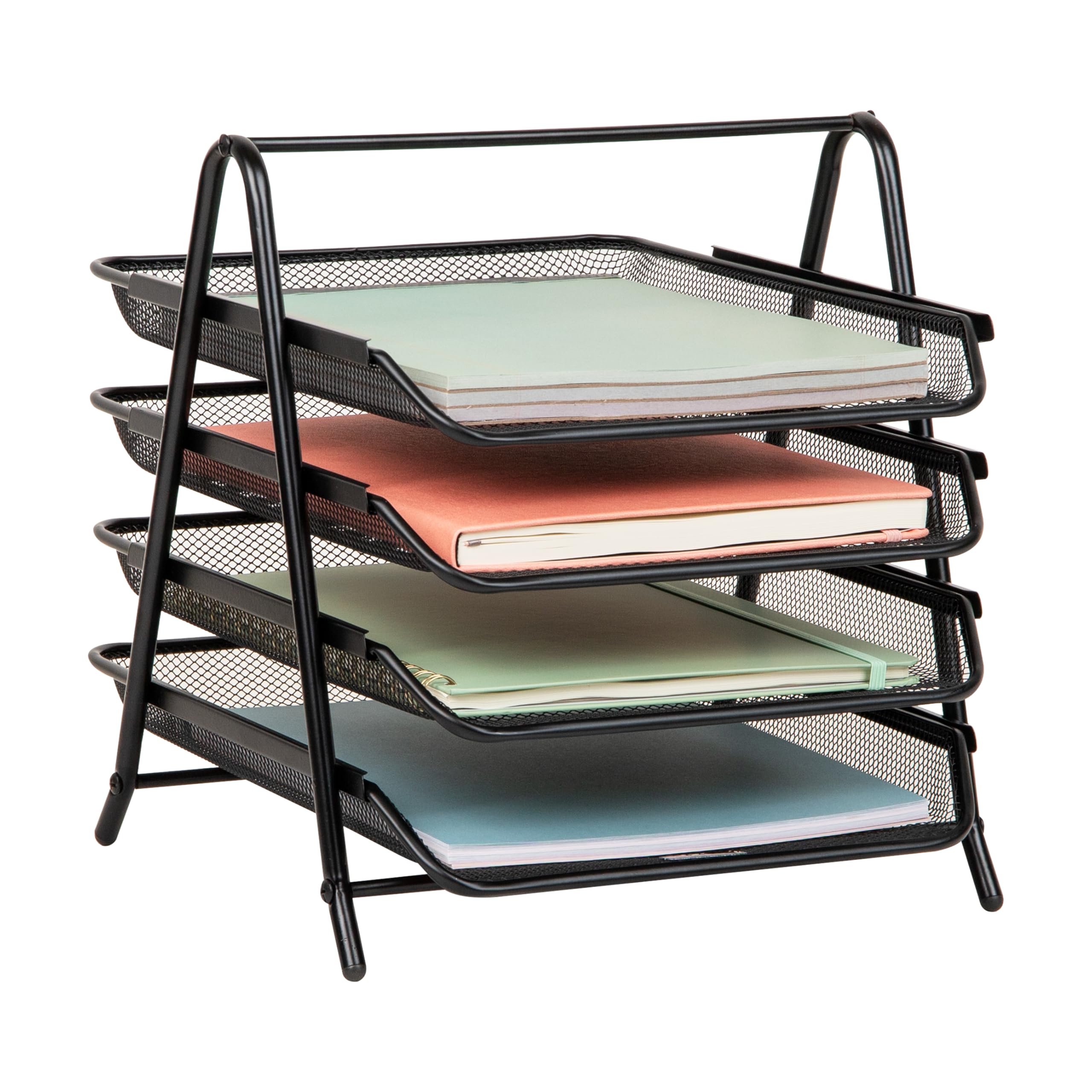 Mind Reader 4-Tier Paper Tray, Desktop Organizer, File Storage, Workspace, Office, Metal Mesh, 12"L x 13.75"W x 12.5"H, Black
