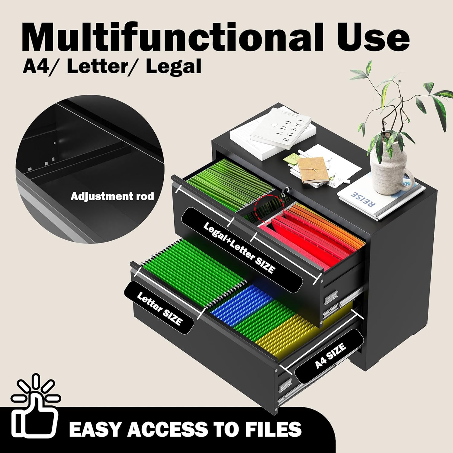 Lateral File Cabinet with Lock, 2 Drawer Filing Cabinet, Metal File Cabinets for Home Office, Steel Heavy-Duty Filing Storage Cabinet for Letters/Legal/A4 (Require Assembly, Black)