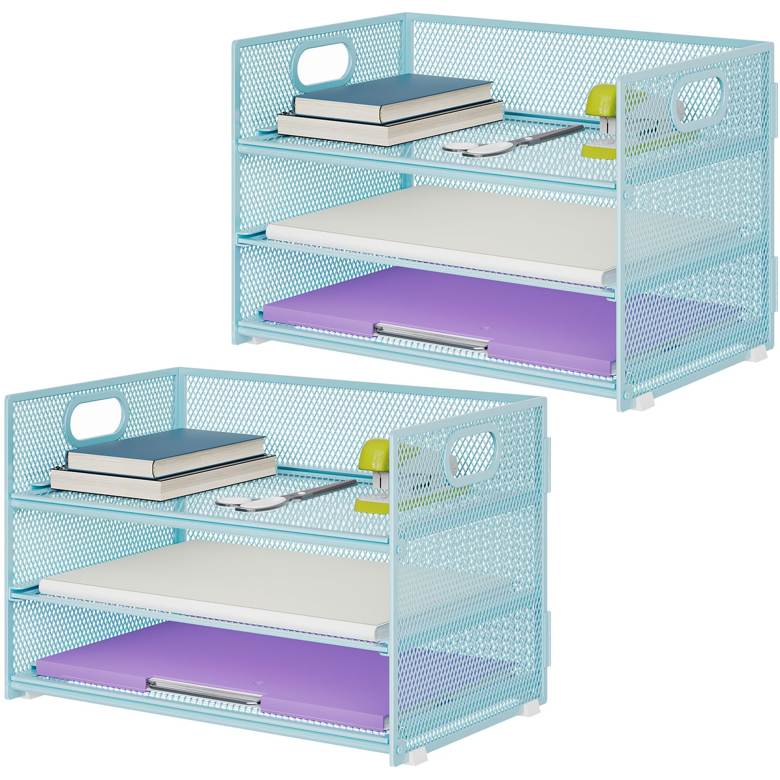 Marbrasse 3 Tier Paper Organizer Letter Tray, Mesh File Organizer with Handle, Paper Sorter Desk Organizer for Home Office Supplies(White)