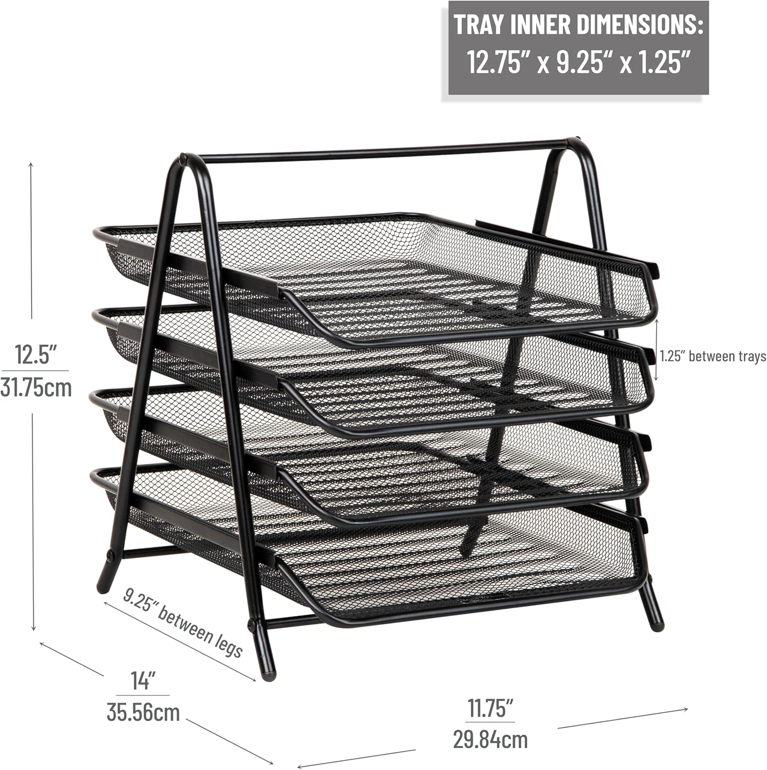 Mind Reader 4-Tier Paper Tray, Desktop Organizer, File Storage, Workspace, Office, Metal Mesh, 12"L x 13.75"W x 12.5"H, Black