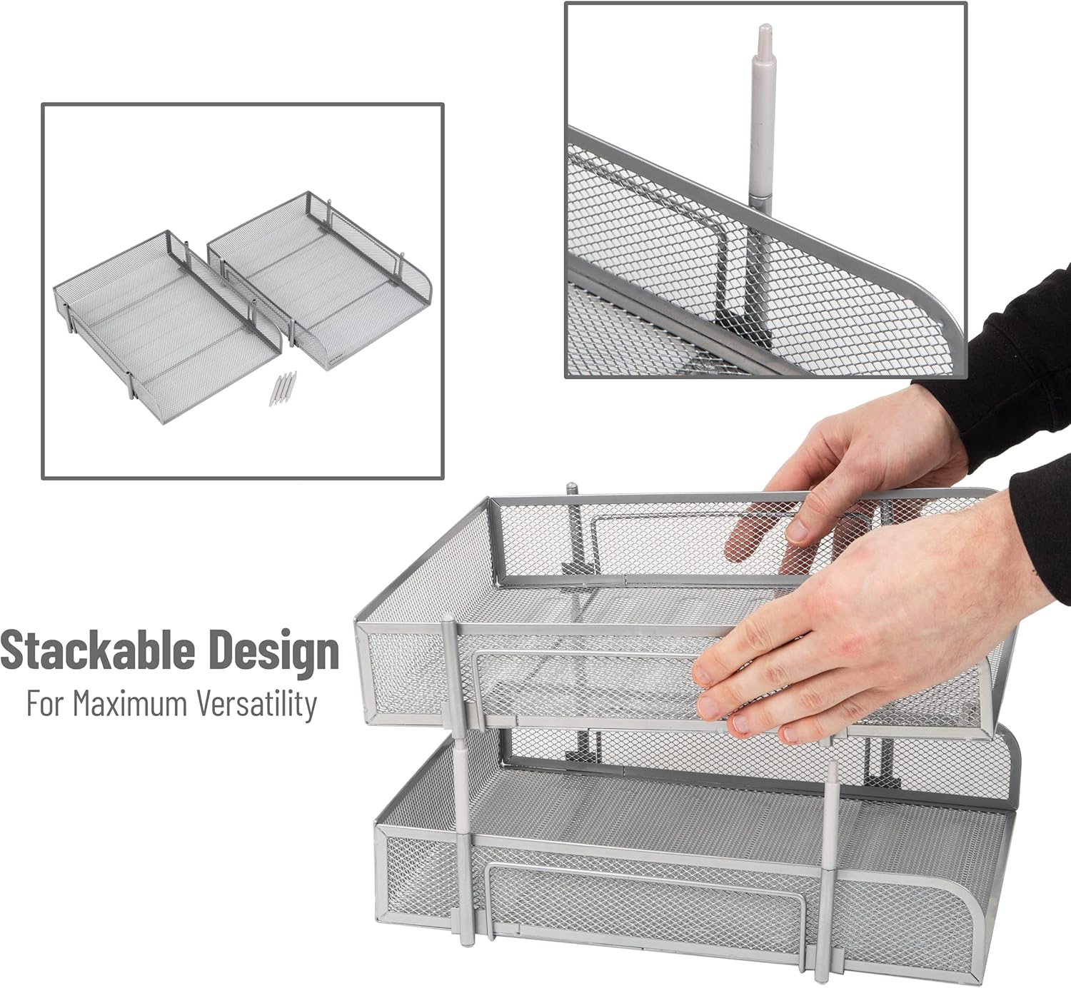Mind Reader Stackable Paper Tray, Desktop Organizer, File Storage, Office, Metal Mesh, 2 Pc, Silver
